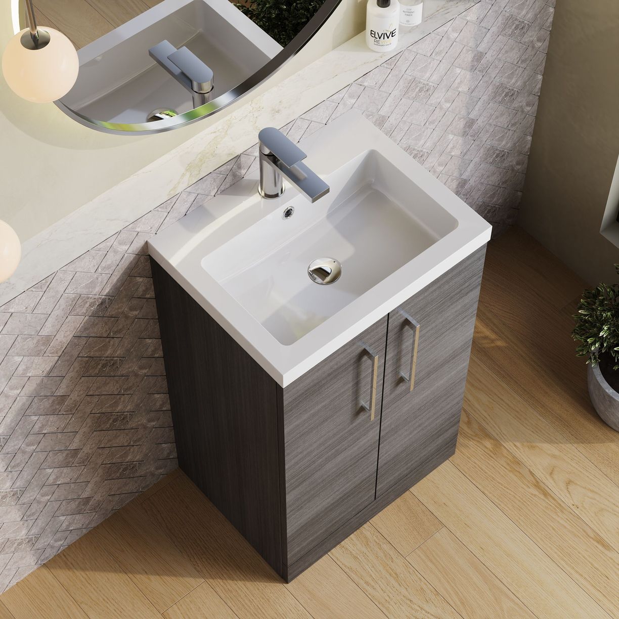 500mm FS 2-Door Vanity & Polymarble Basin - Anthracite Woodgrain