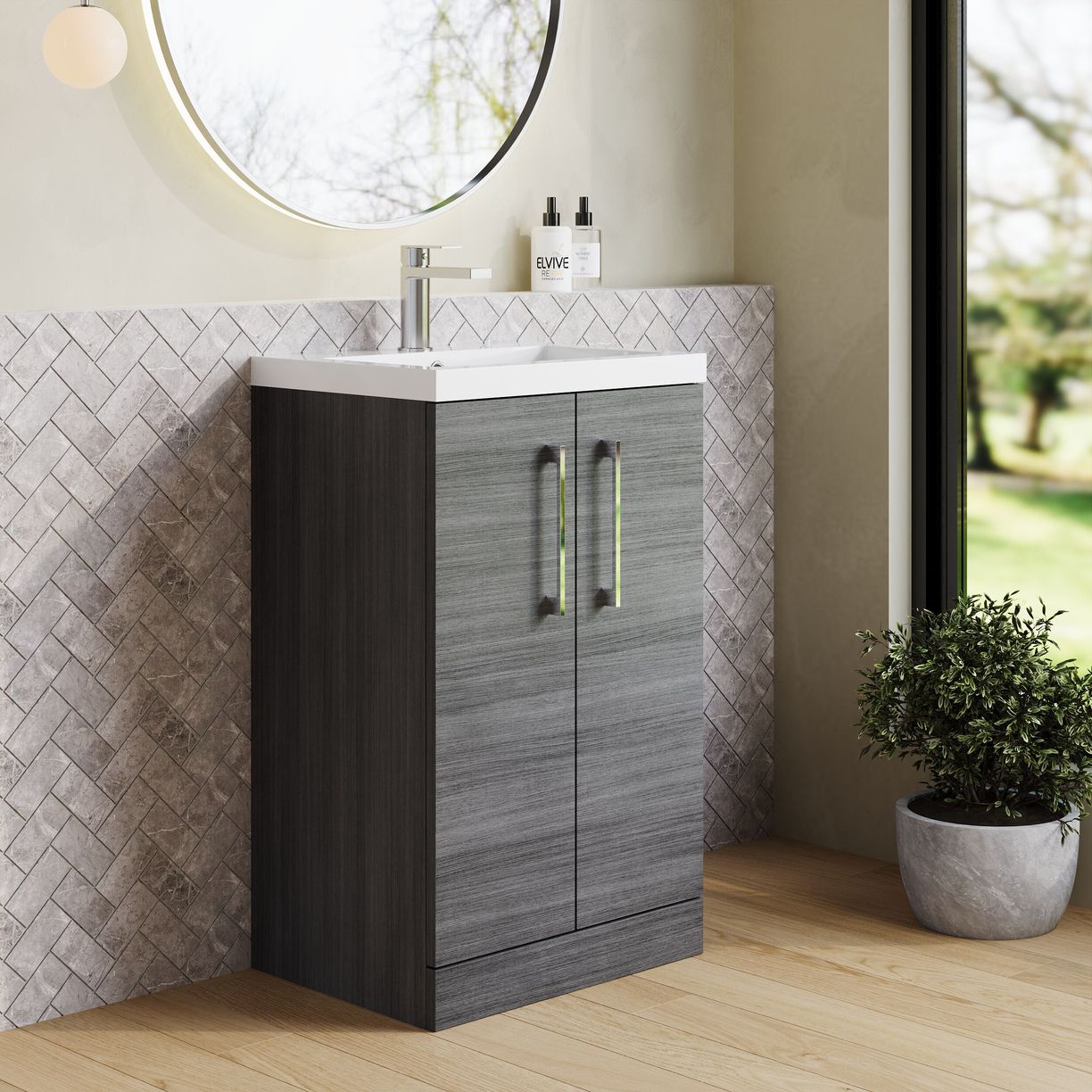 500mm FS 2-Door Vanity & Polymarble Basin - Anthracite Woodgrain
