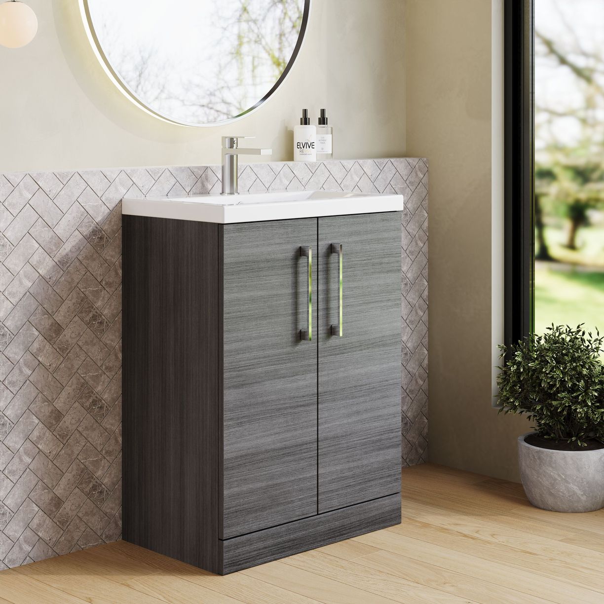 600mm FS 2-Door Vanity & Ceramic Basin - Anthracite Woodgrain