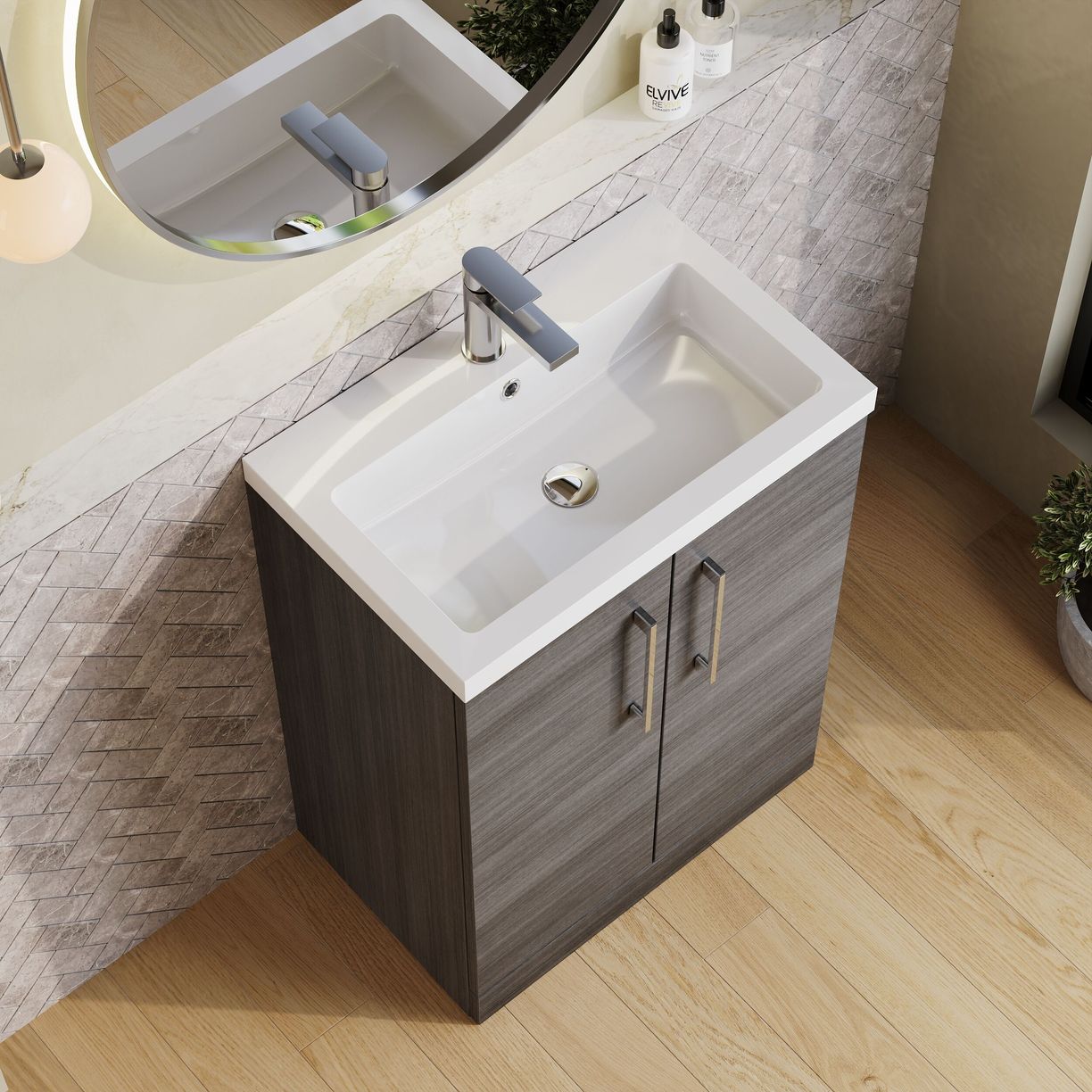600mm FS 2-Door Vanity & Polymarble Basin - Anthracite Woodgrain