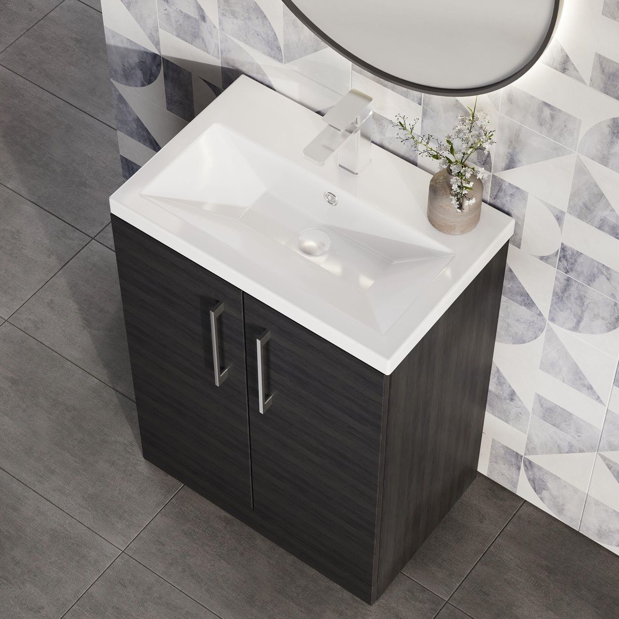 600mm FS 2-Door Vanity & Ceramic Basin - Charcoal Black