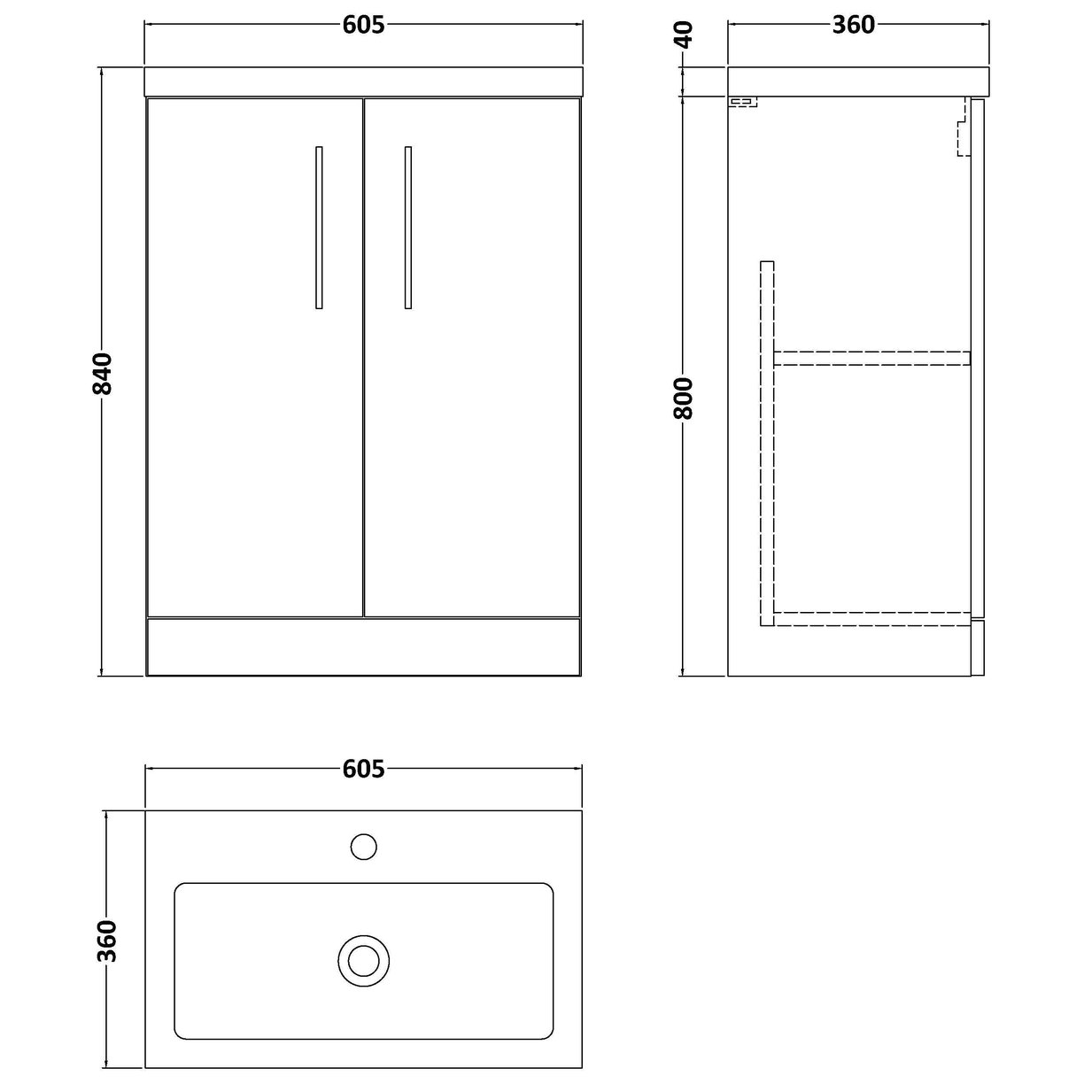 600mm FS 2-Door Vanity & Polymarble Basin - Charcoal Black