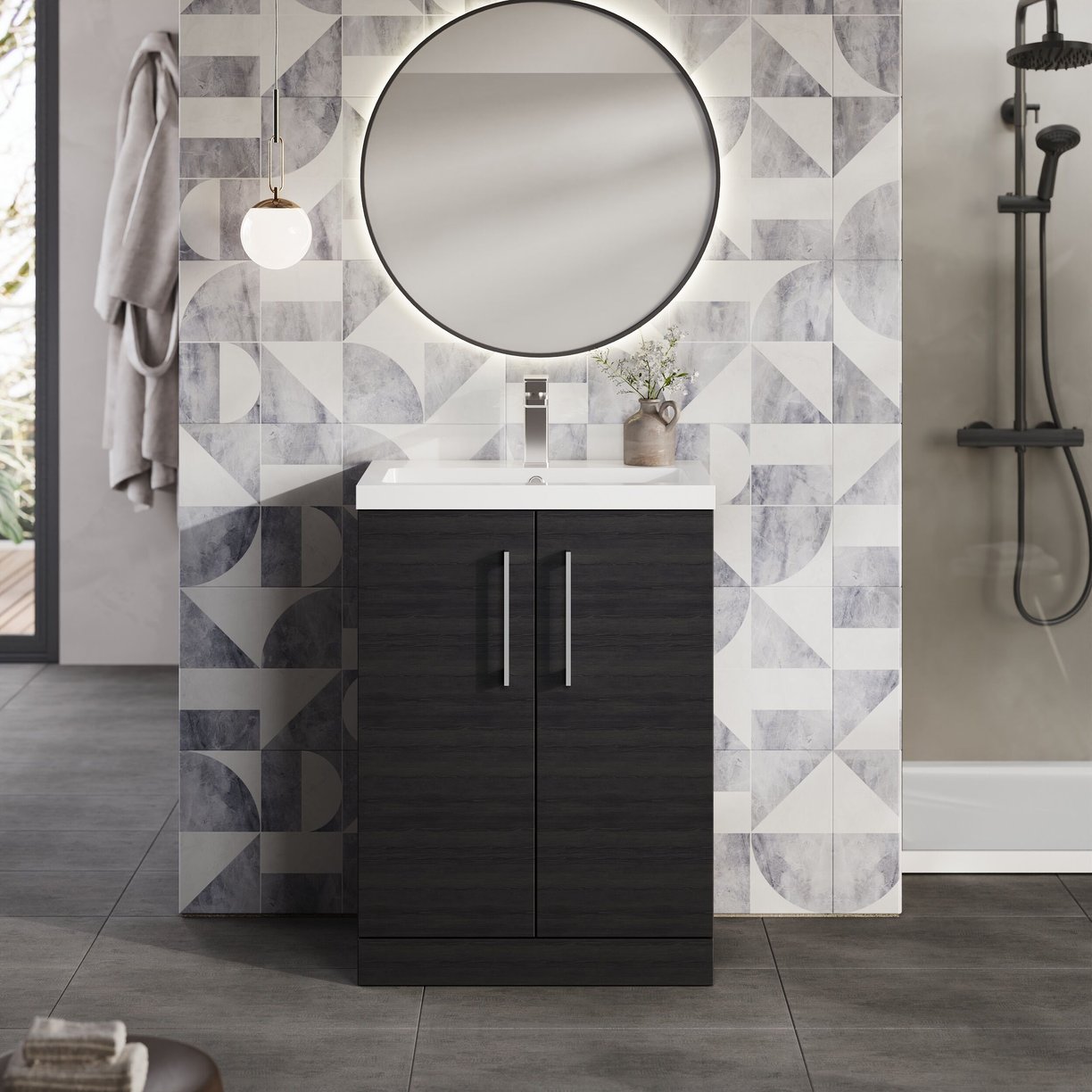 600mm FS 2-Door Vanity & Polymarble Basin - Charcoal Black