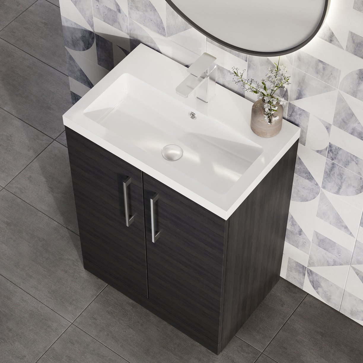 600mm FS 2-Door Vanity & Polymarble Basin - Charcoal Black