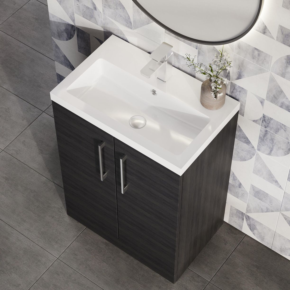 600mm FS 2-Door Vanity & Polymarble Basin - Charcoal Black