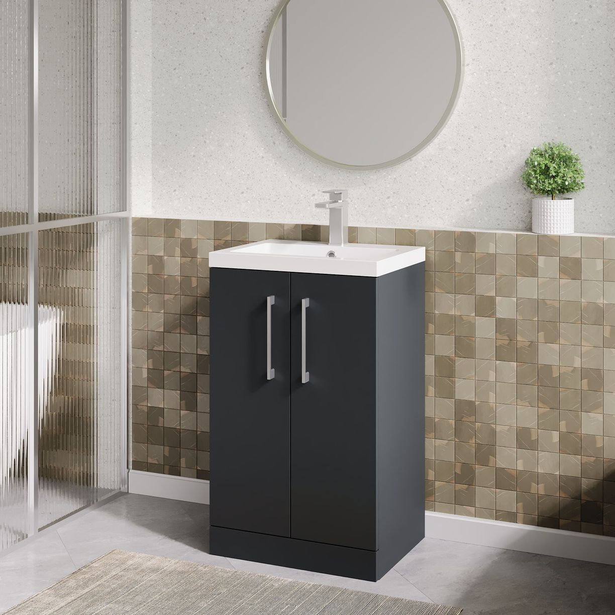500mm FS 2-Door Vanity & Polymarble Basin - Satin Soft Black