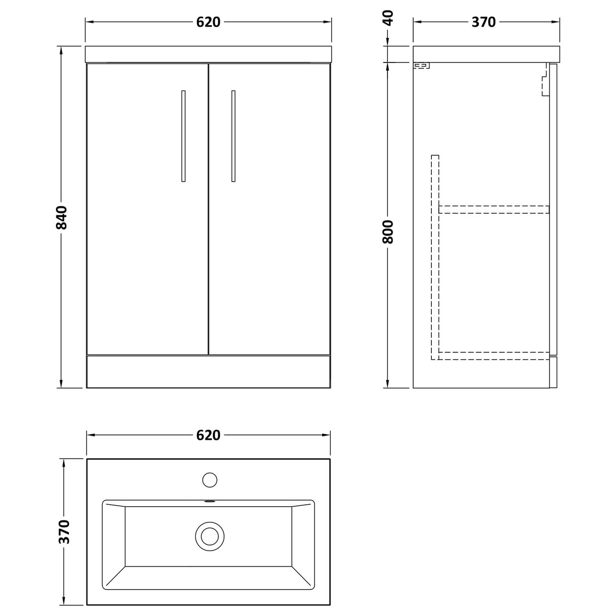 600mm FS 2-Door Vanity & Ceramic Basin - Satin Soft Black