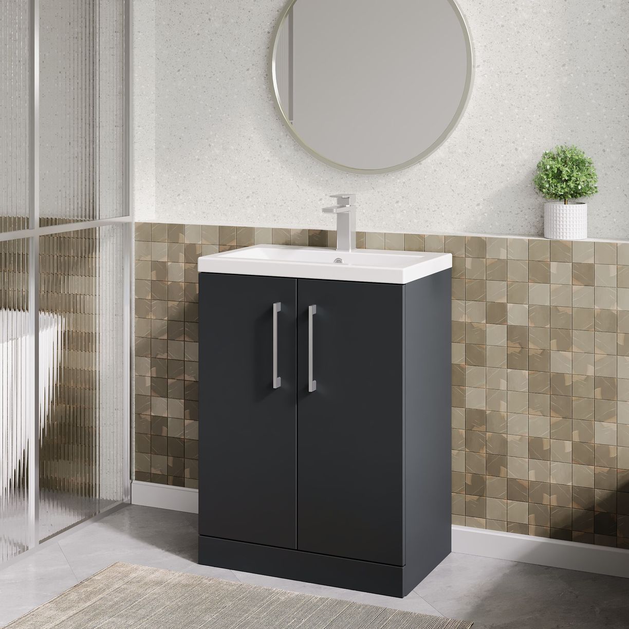 600mm FS 2-Door Vanity & Ceramic Basin - Satin Soft Black