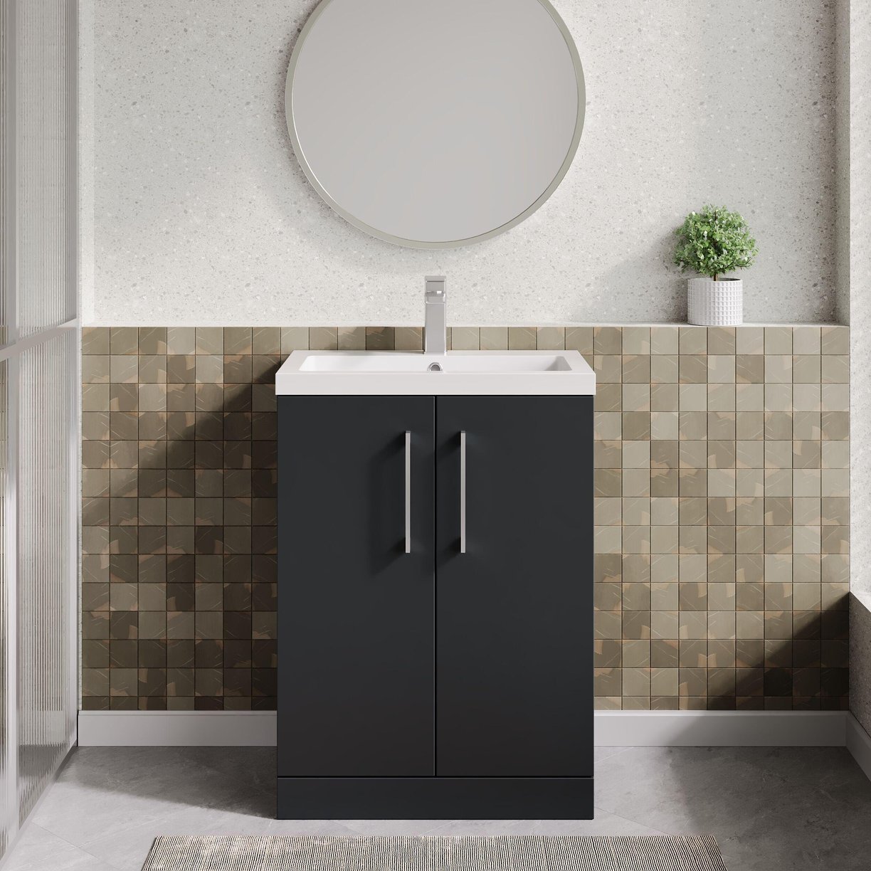 600mm FS 2-Door Vanity & Polymarble Basin - Satin Soft Black