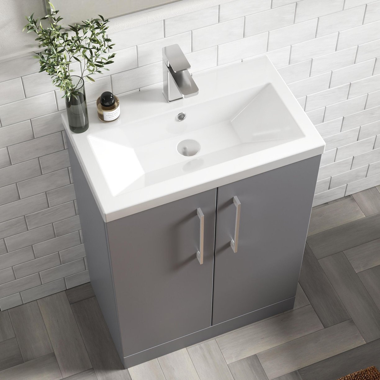 600mm FS 2-Door Vanity & Ceramic Basin - Satin Grey