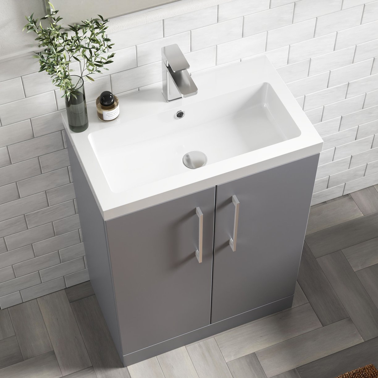 600mm FS 2-Door Vanity & Polymarble Basin - Satin Grey