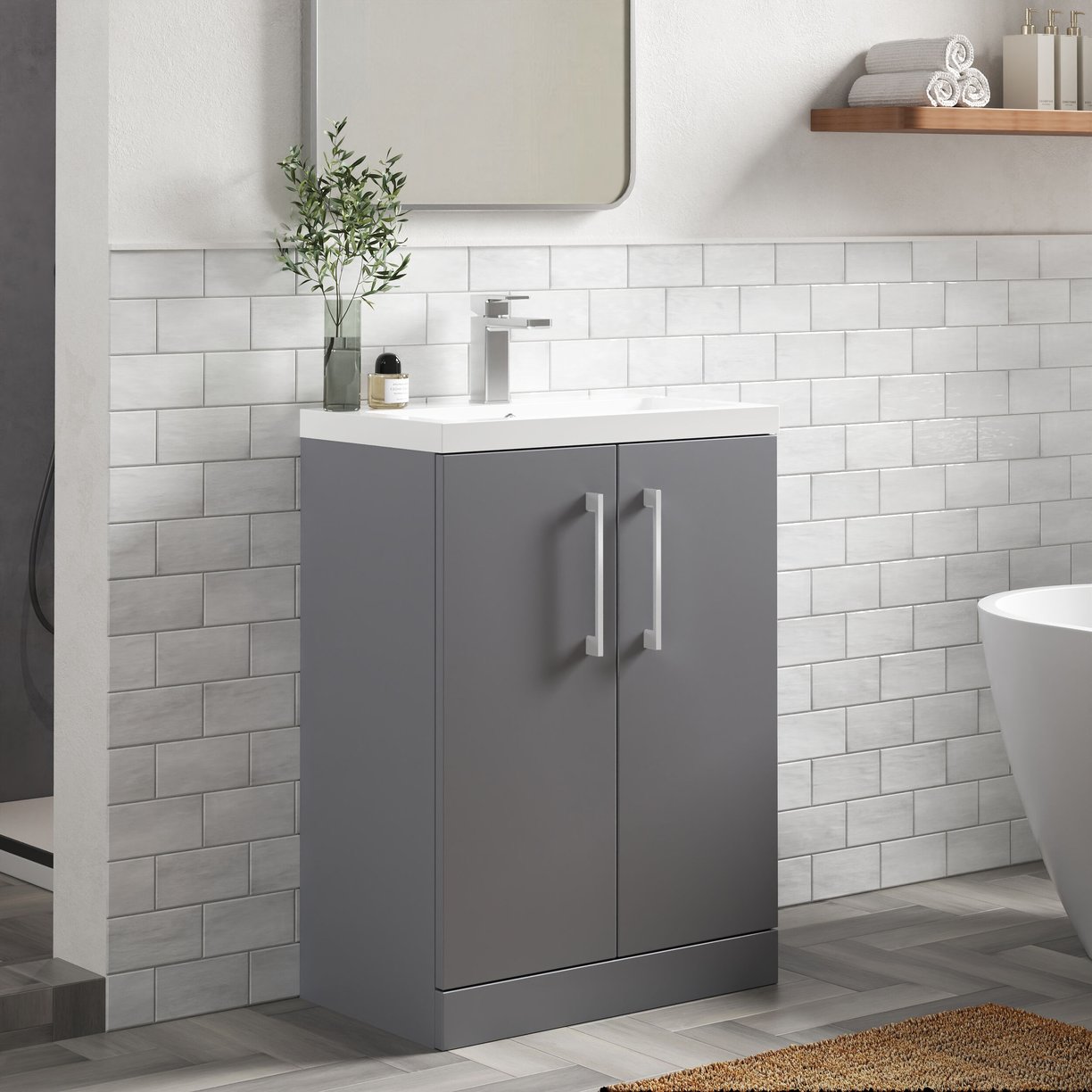 600mm FS 2-Door Vanity & Polymarble Basin - Satin Grey