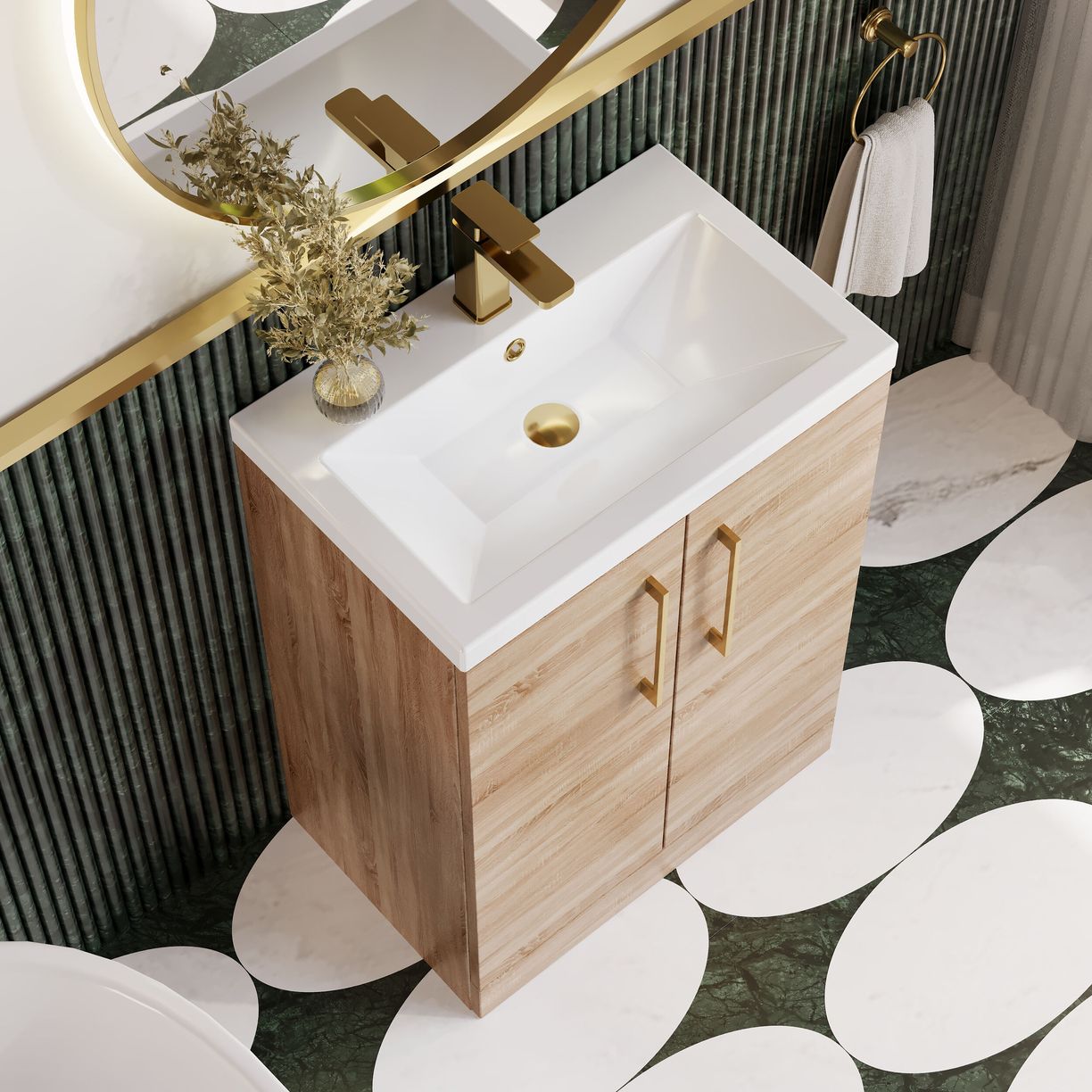 600mm FS 2-Door Vanity & Polymarble Basin - Bleached Cuneo Oak