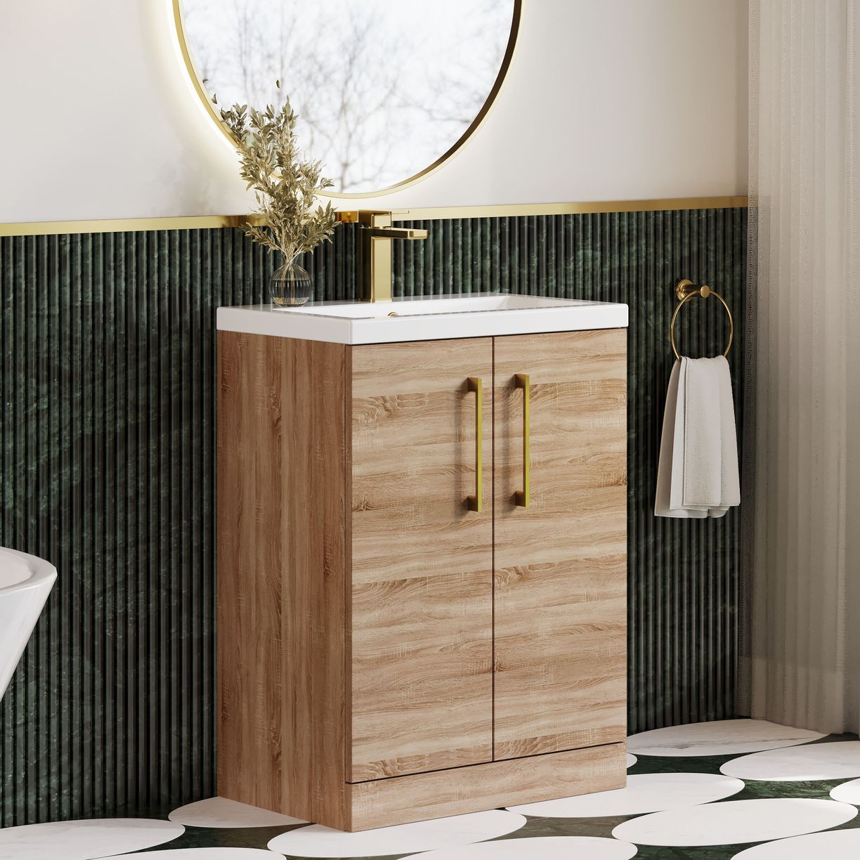 600mm FS 2-Door Vanity & Polymarble Basin - Bleached Cuneo Oak