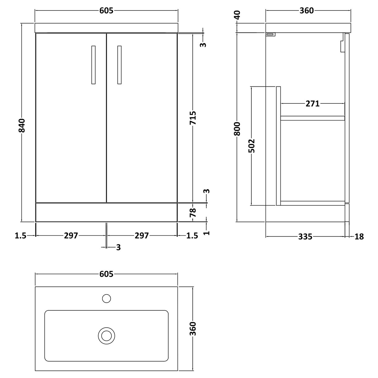 600mm Fs 2-Door Vanity & Polymarble Basin - Indigo Blue