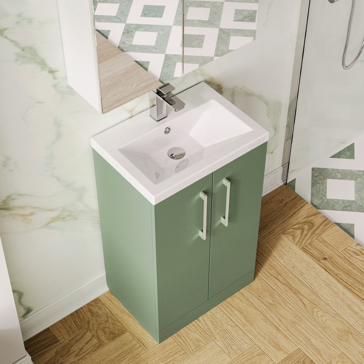 500mm FS 2-Door Vanity & Ceramic Basin - Satin Green