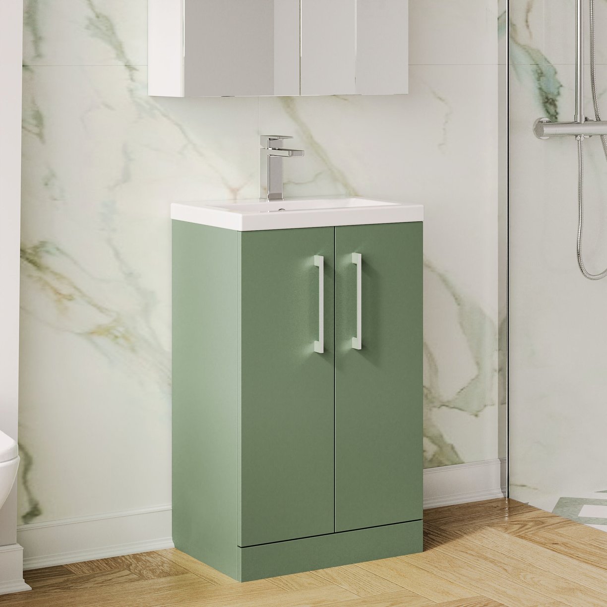 500mm FS 2-Door Vanity & Ceramic Basin - Satin Green