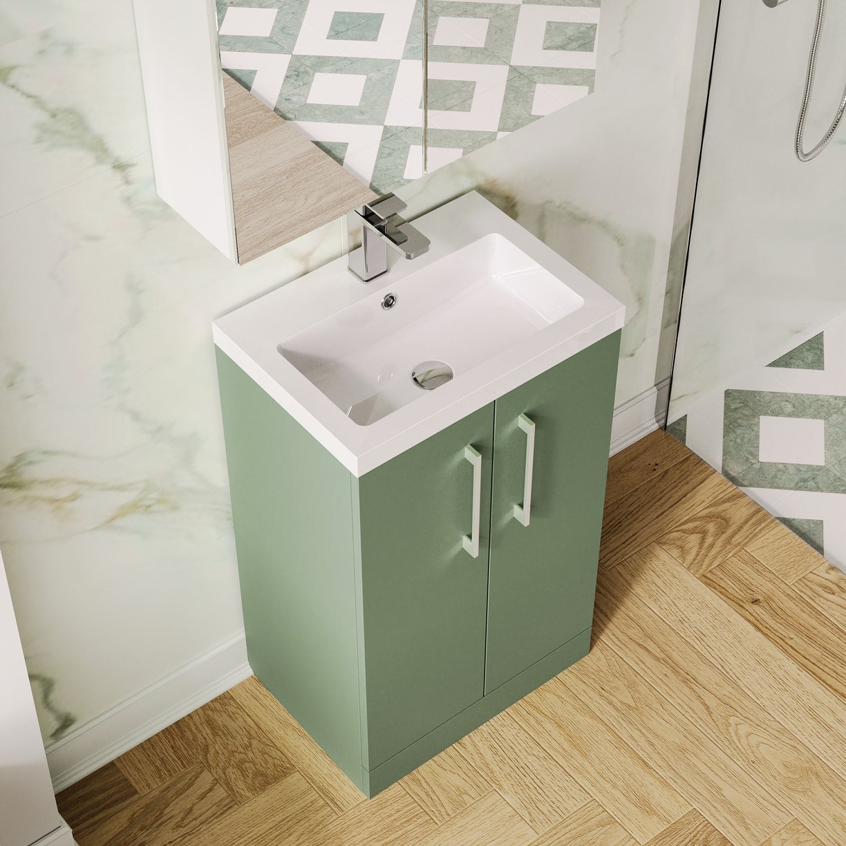 500mm FS 2-Door Vanity & Polymarble Basin - Satin Green