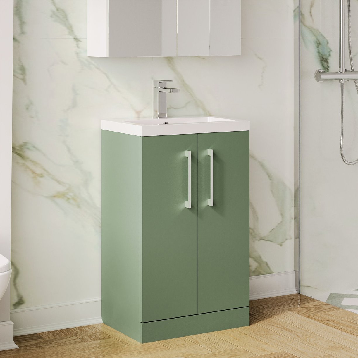 500mm FS 2-Door Vanity & Polymarble Basin - Satin Green