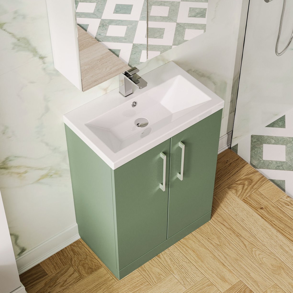 600mm FS 2-Door Vanity & Ceramic Basin - Satin Green