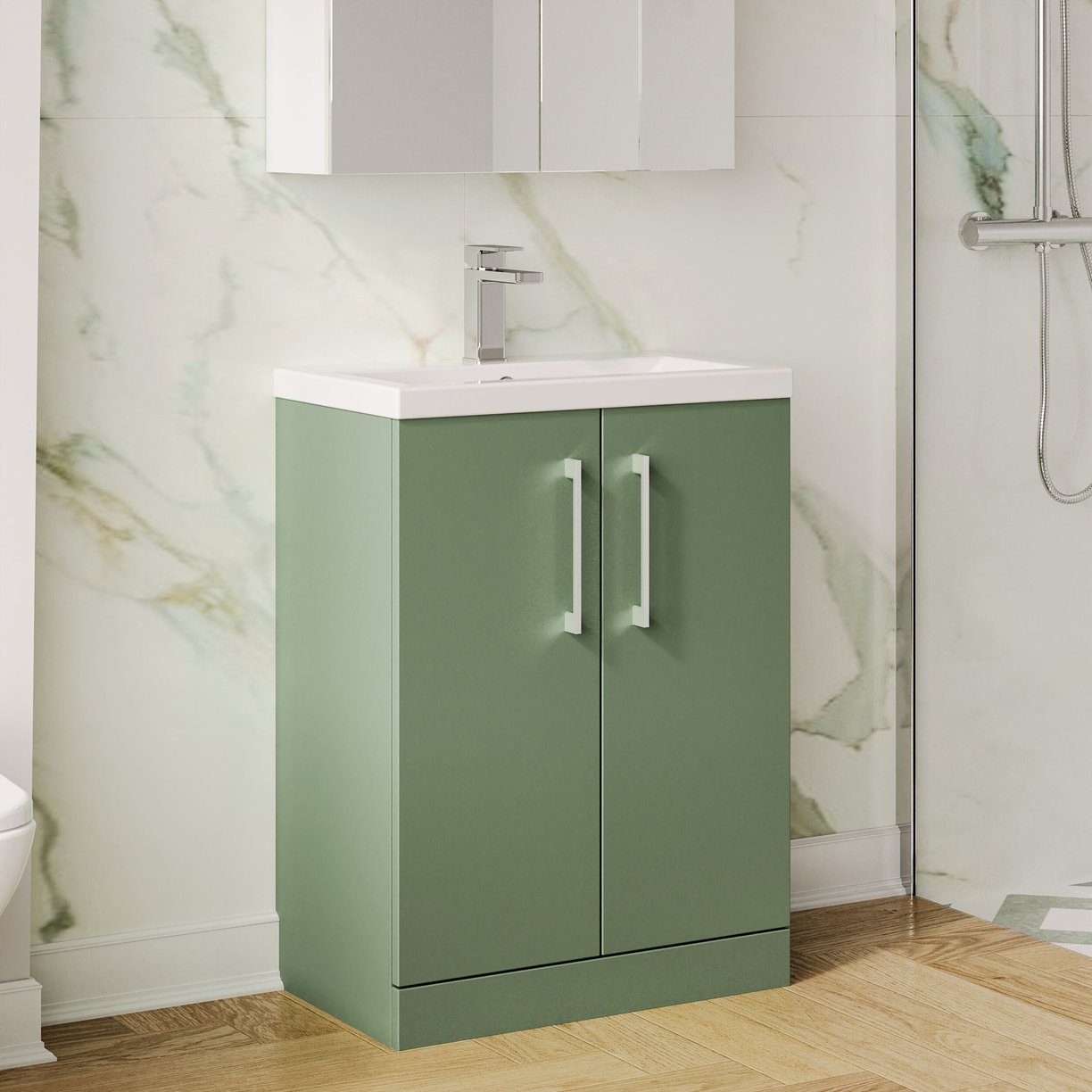 600mm FS 2-Door Vanity & Ceramic Basin - Satin Green