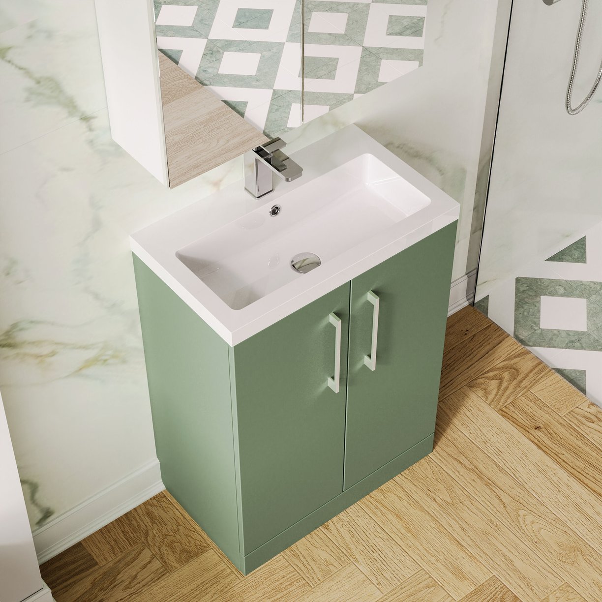 600mm FS 2-Door Vanity & Polymarble Basin - Satin Green