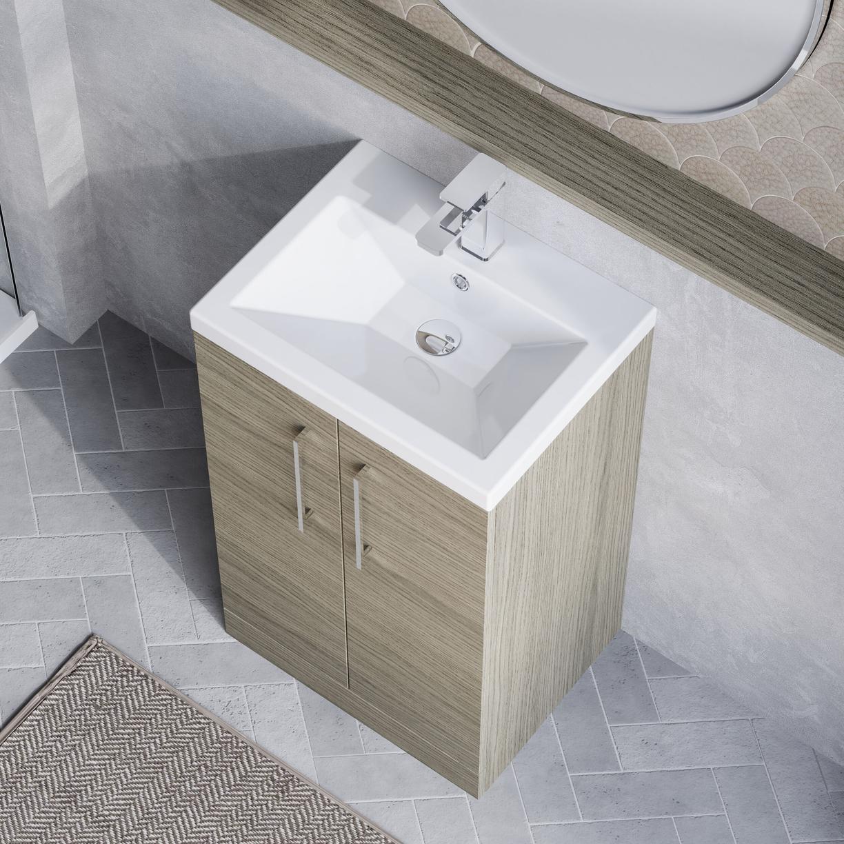 500mm FS 2-Door Vanity & Ceramic Basin - Solace Oak Woodgrain