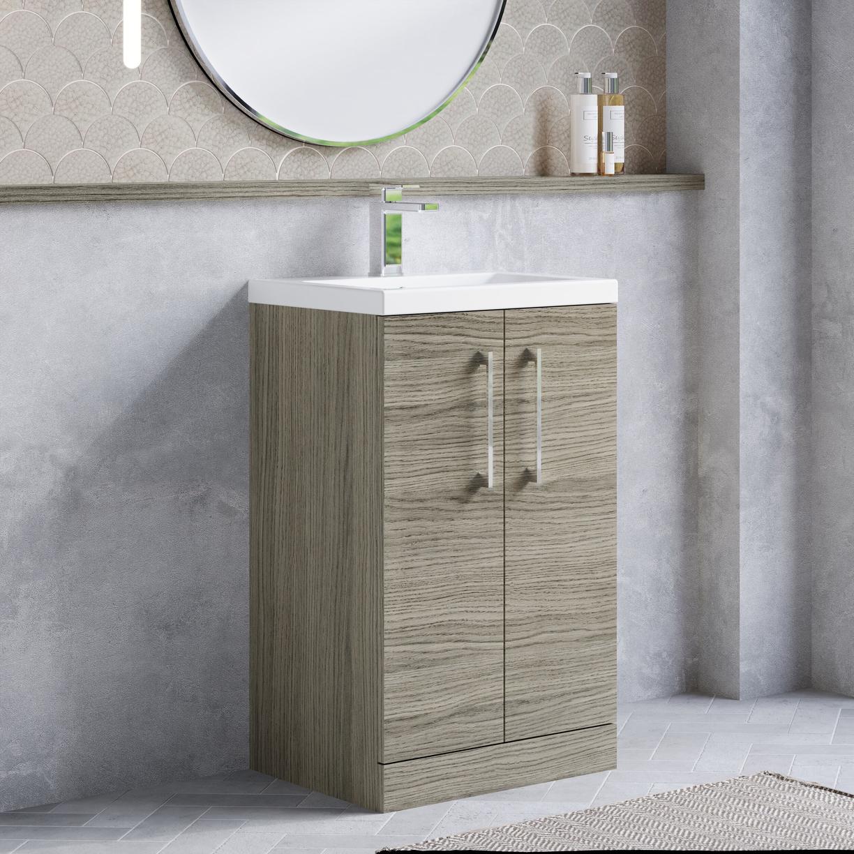 500mm FS 2-Door Vanity & Ceramic Basin - Solace Oak Woodgrain