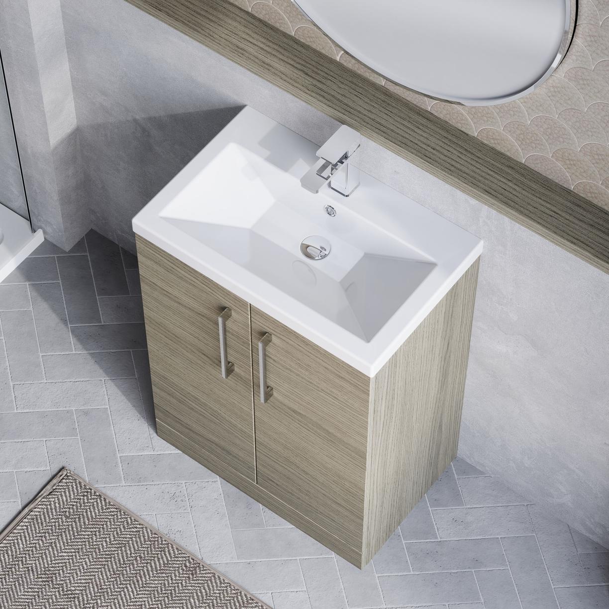 600mm FS 2-Door Vanity & Ceramic Basin - Solace Oak Woodgrain