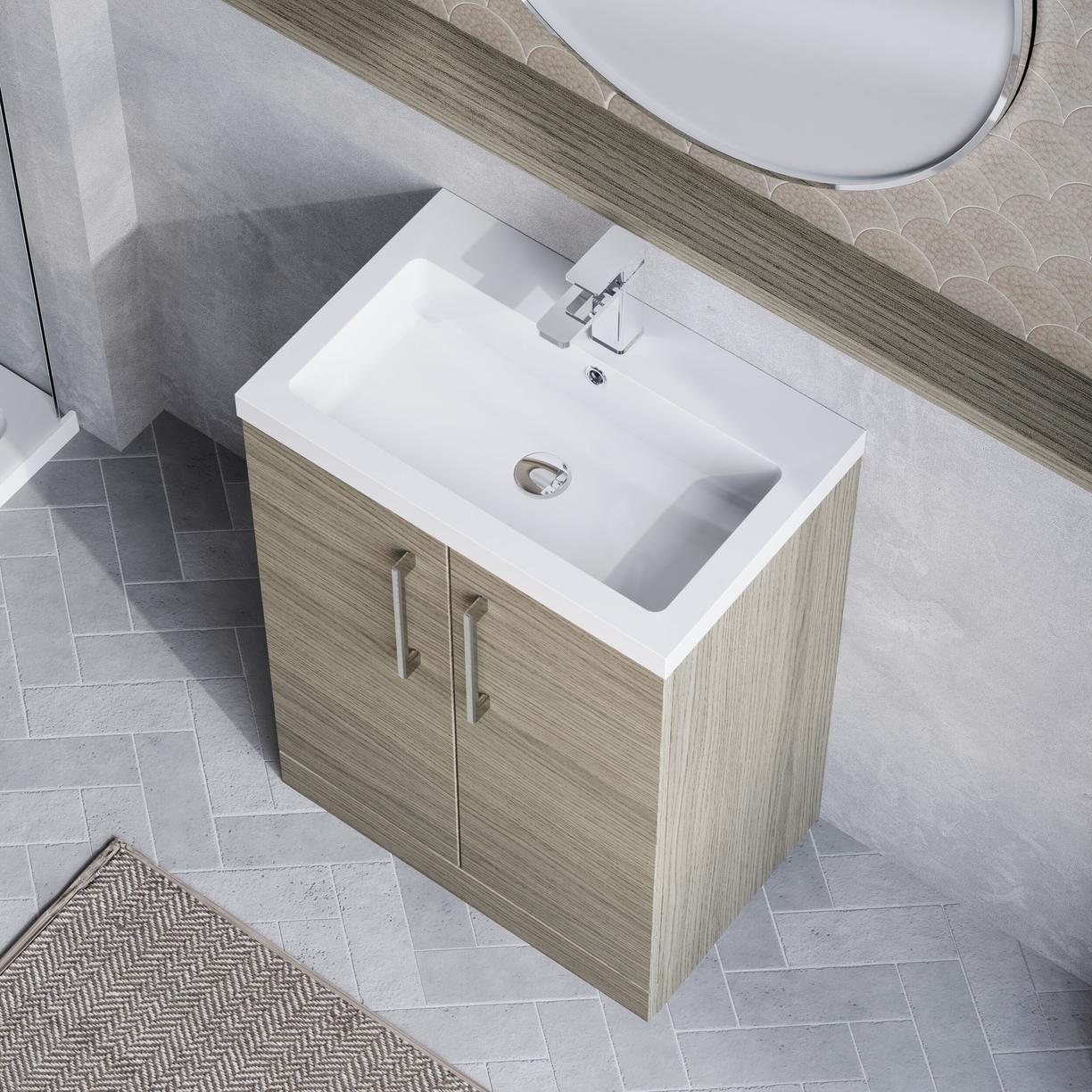 600mm FS 2-Door Vanity & Polymarble Basin - Solace Oak Woodgrain