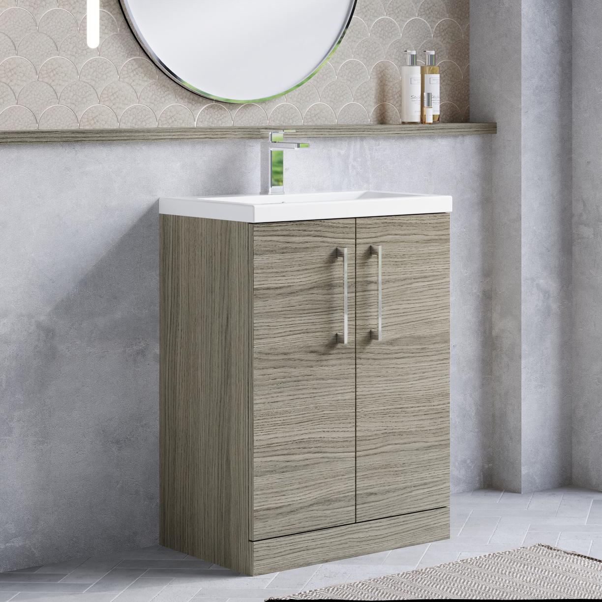 600mm FS 2-Door Vanity & Polymarble Basin - Solace Oak Woodgrain
