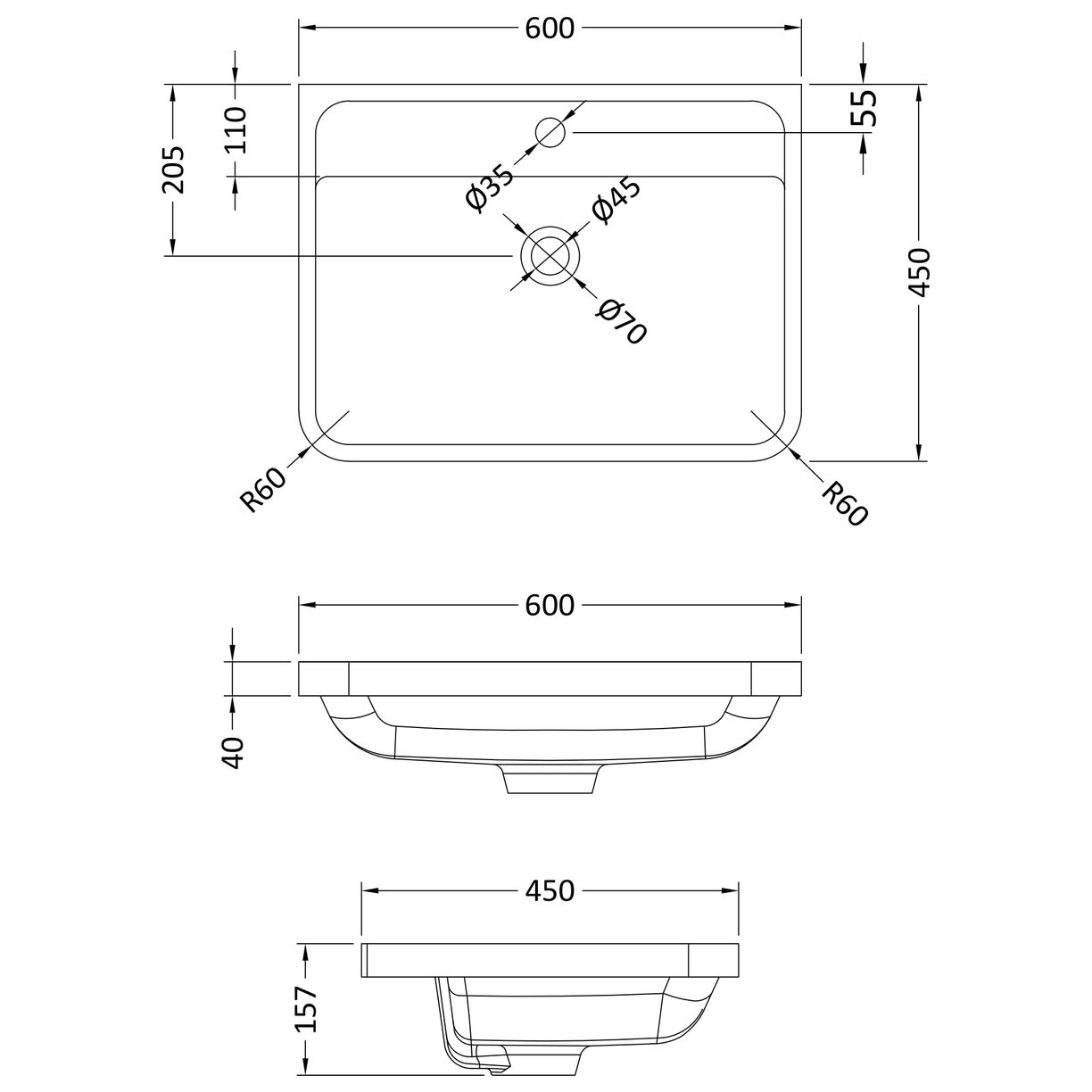 600 x 450mm Polymarble Basin - White