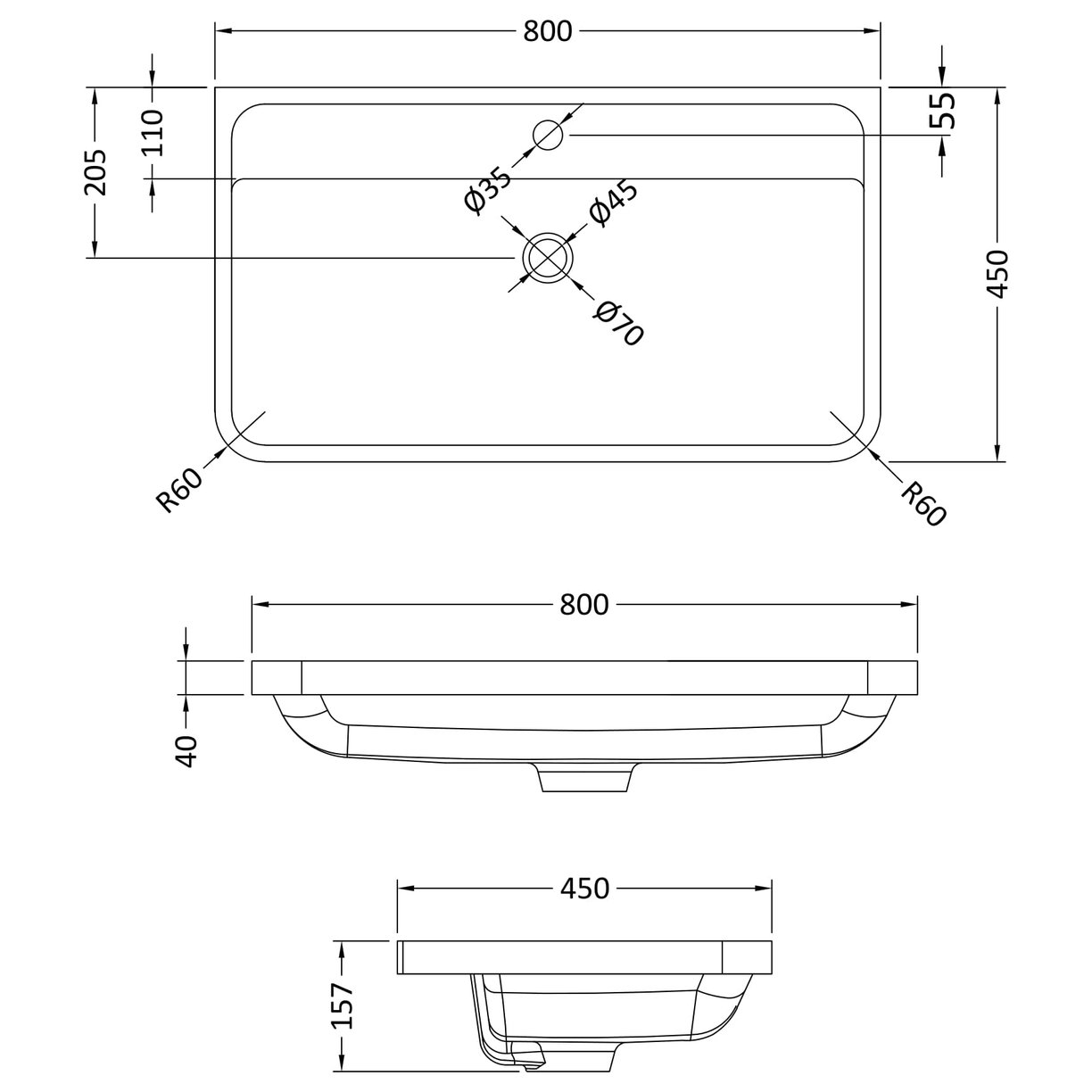 800 x 450mm Polymarble Basin - White