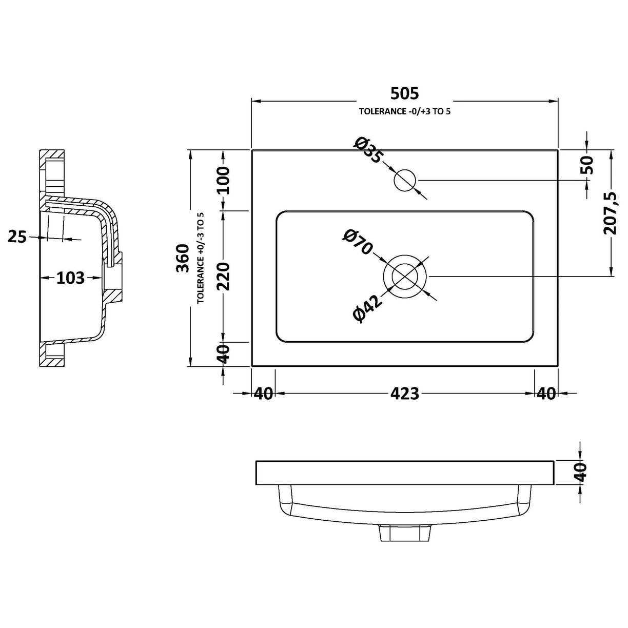 500mm Rear Tap Basin 1Th - White