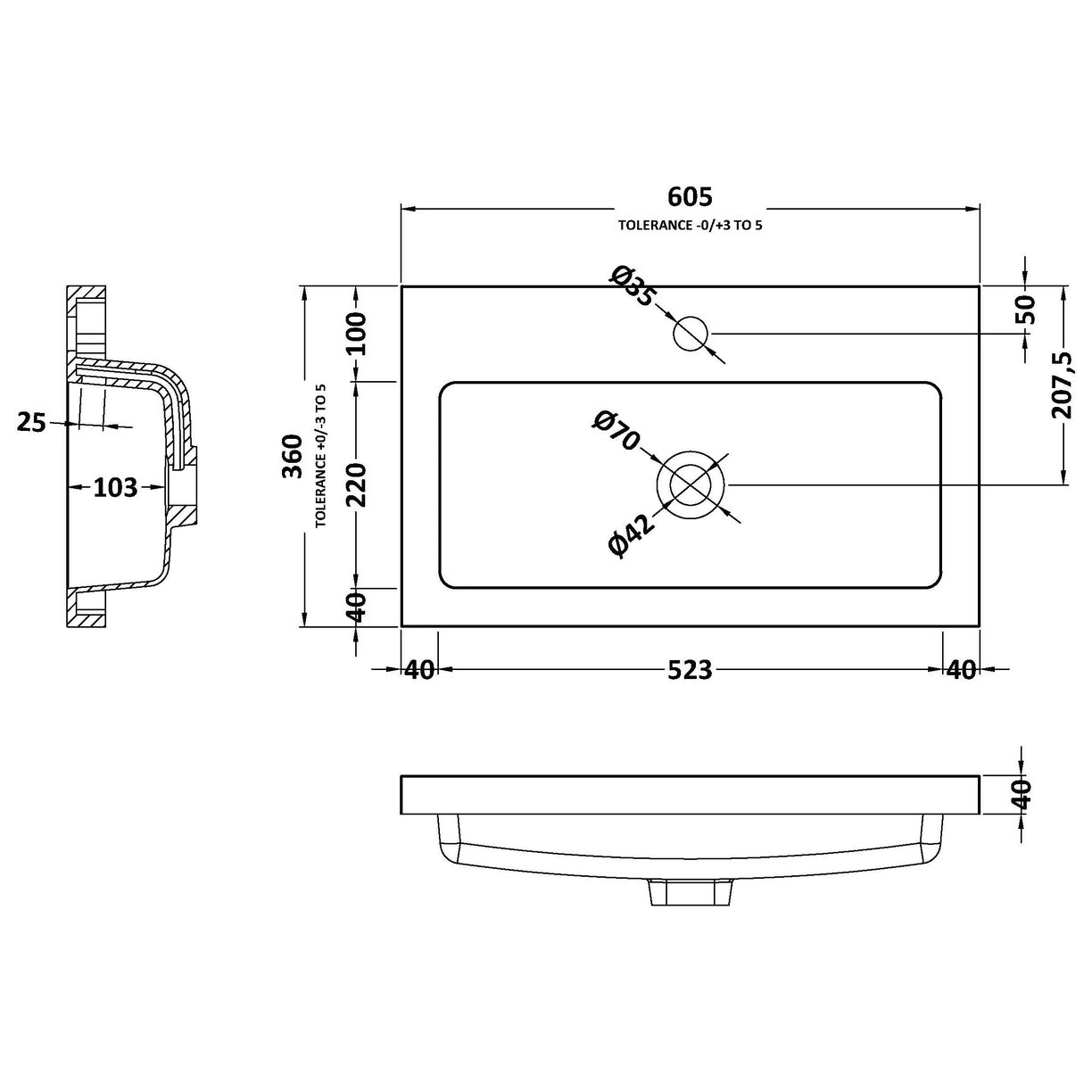 600mm Rear Tap Basin 1Th - White