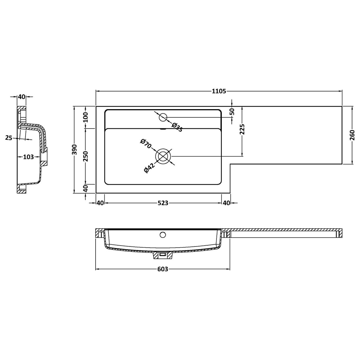 1100 390mm L SHAPED POLYMARBLE BASIN LH - White