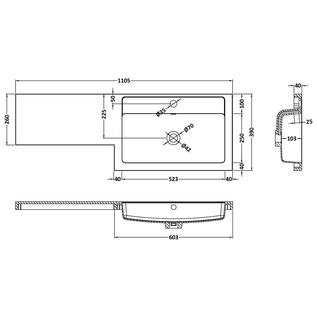 1100 390mm L SHAPED POLYMARBLE BASIN RH - White