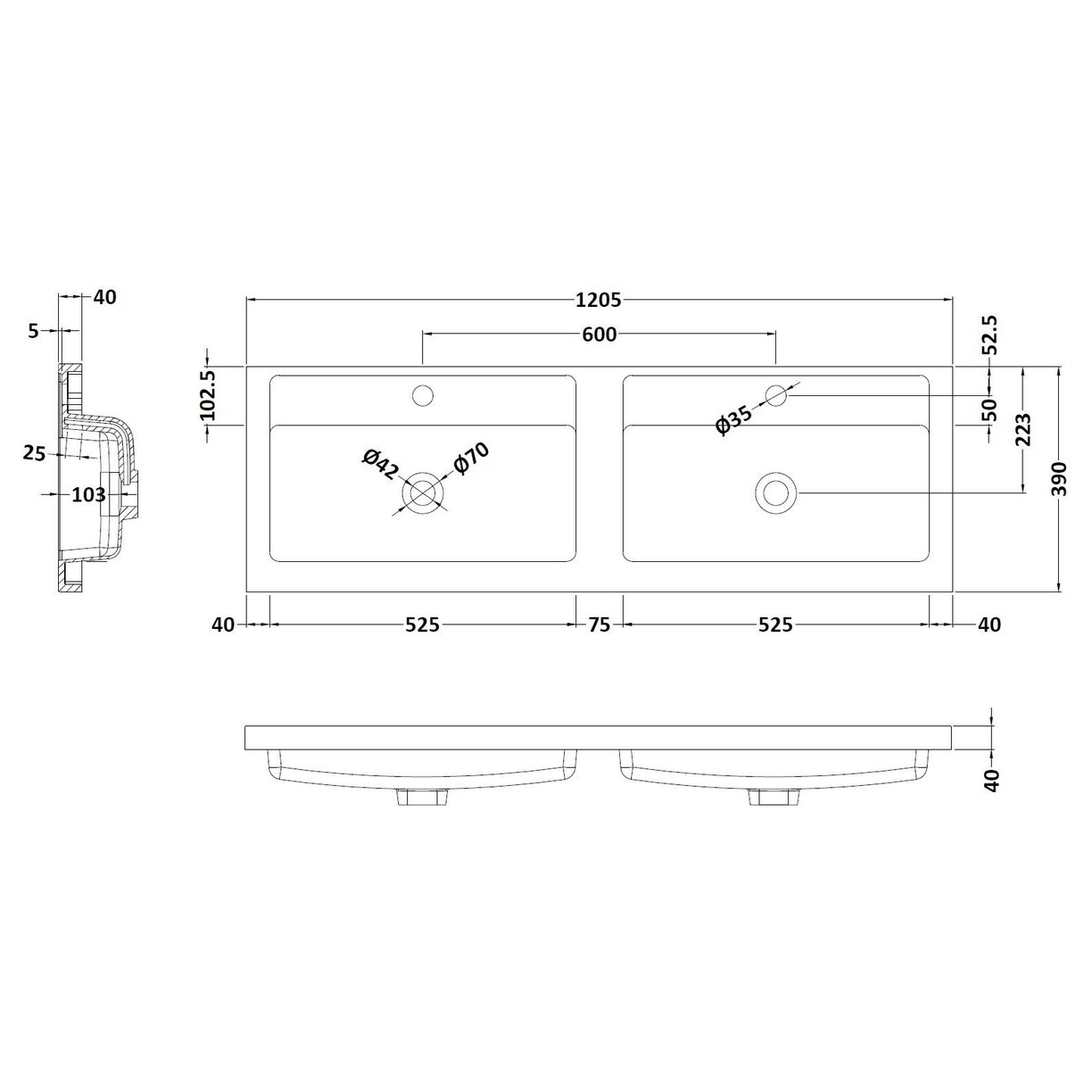 1200mm Double Bowl Polymarble Basin  - White