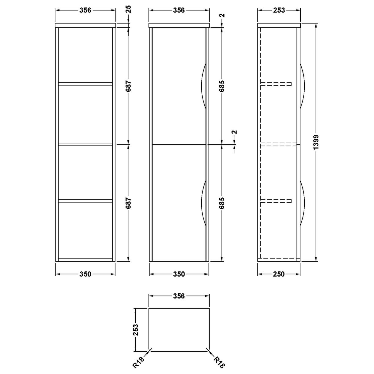 350mm WH Tall Unit - Satin Soft Black