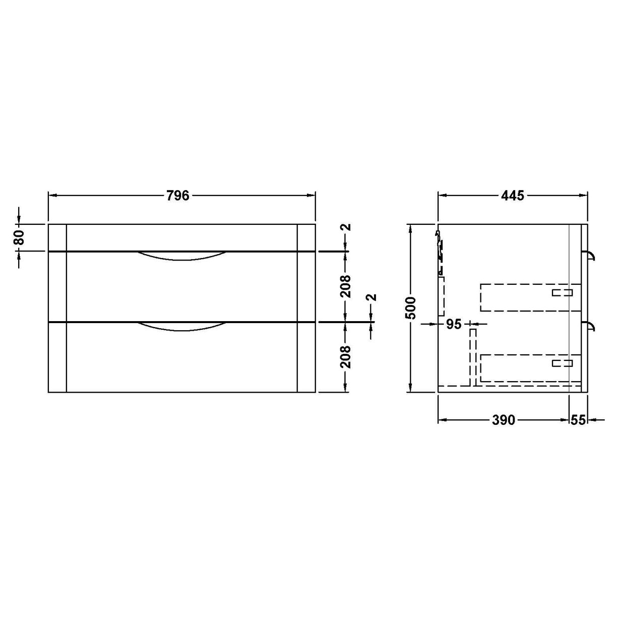 800mm Wall Hung 2-Drawer Basin Unit - Satin Soft Black