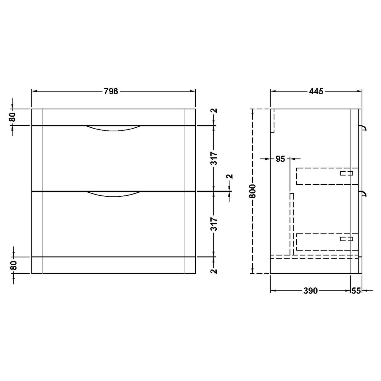 800mm Floor Standing 2-Drawer Basin Unit - Gloss White