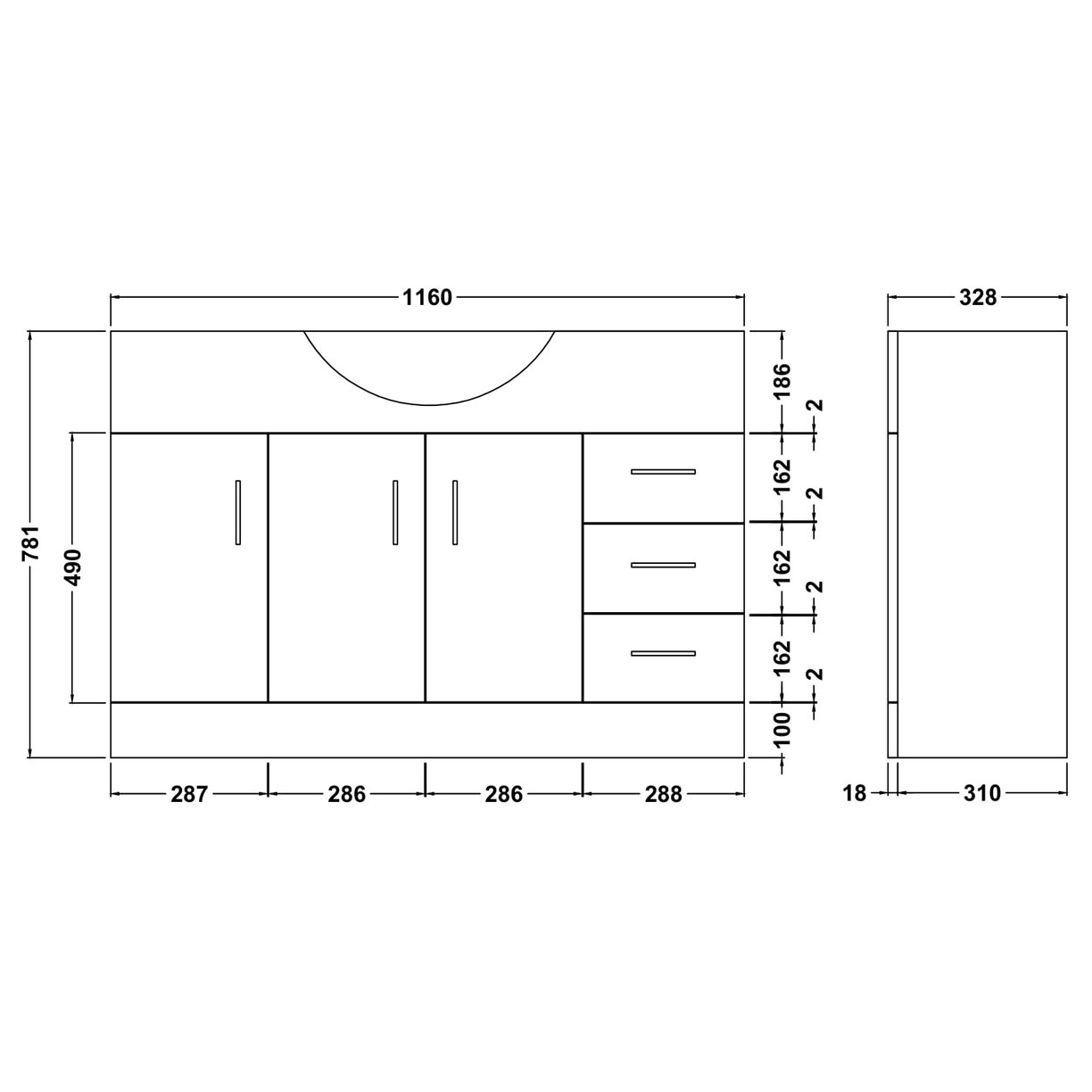 1200mm PR Std Basin Unit - Gloss White