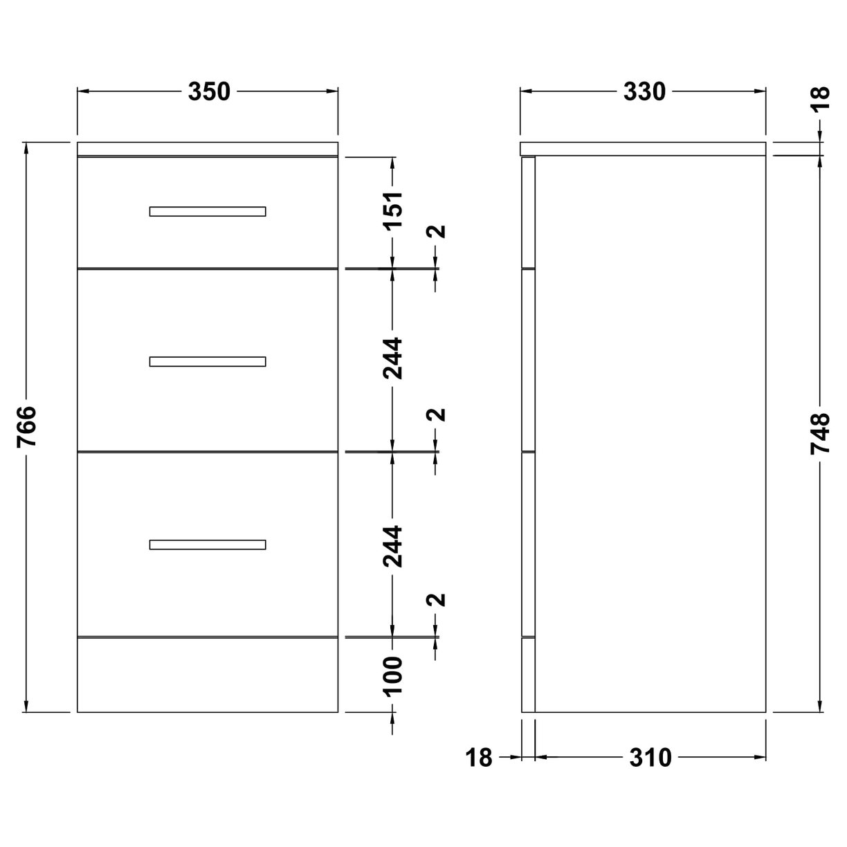350 x 330mm 3-Drawer Unit - Gloss White