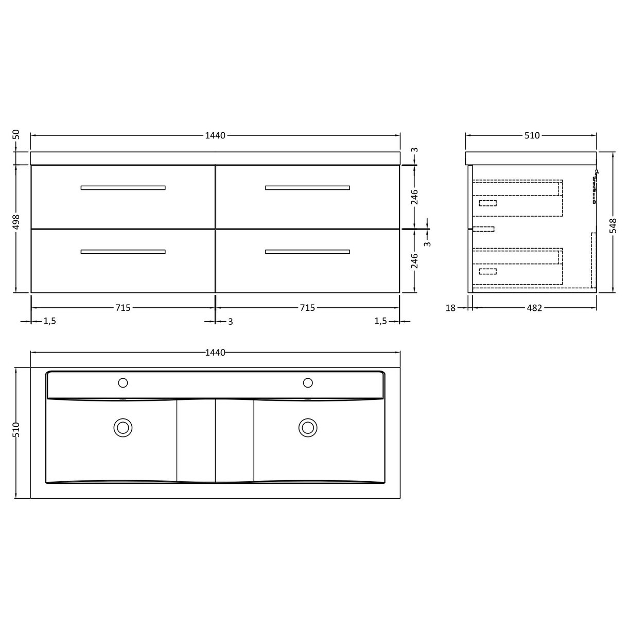 1400Mm 2 Drawer Wh Vanity And Basin - Gloss White