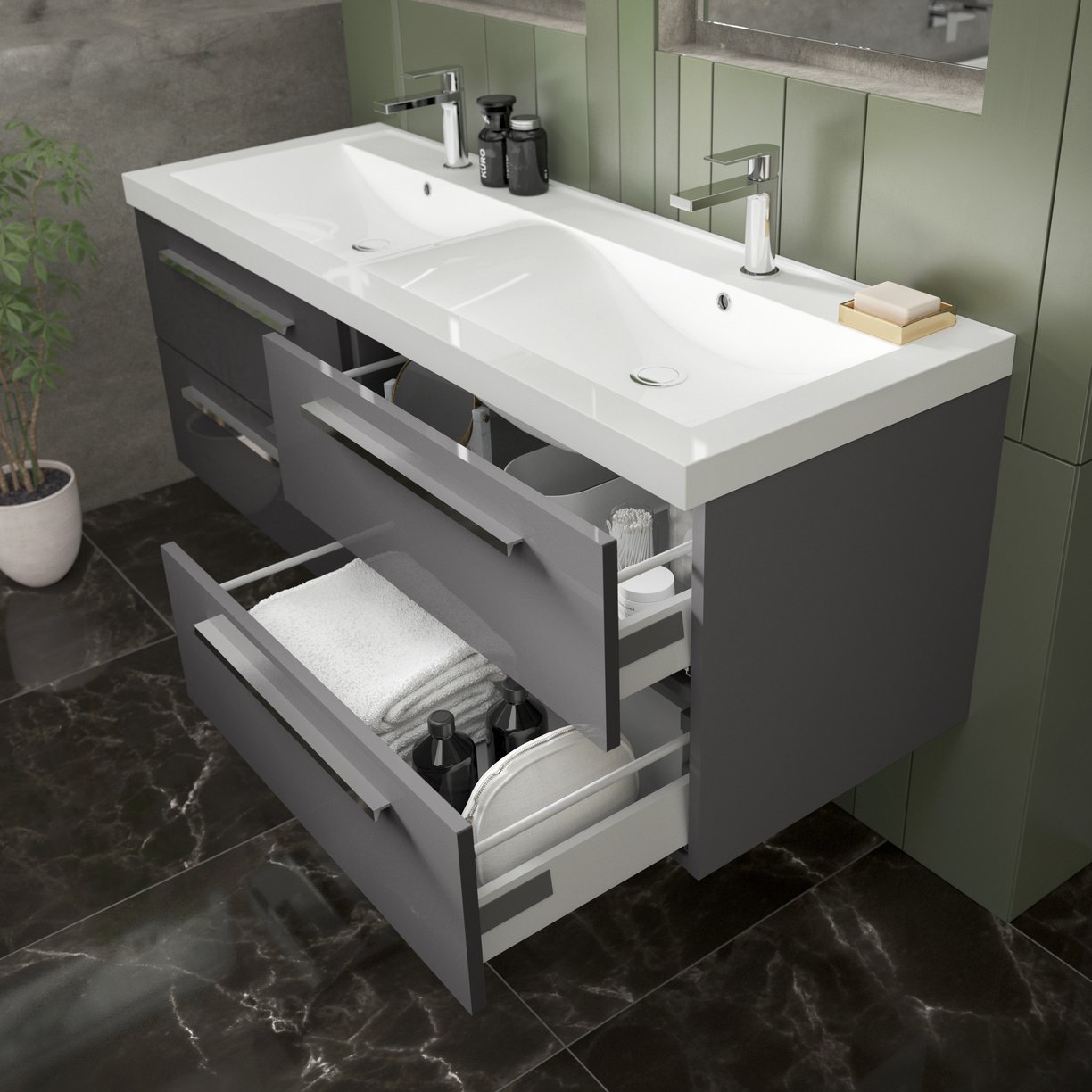 1400Mm 2 Drawer Wh Vanity And Basin - Gloss Grey