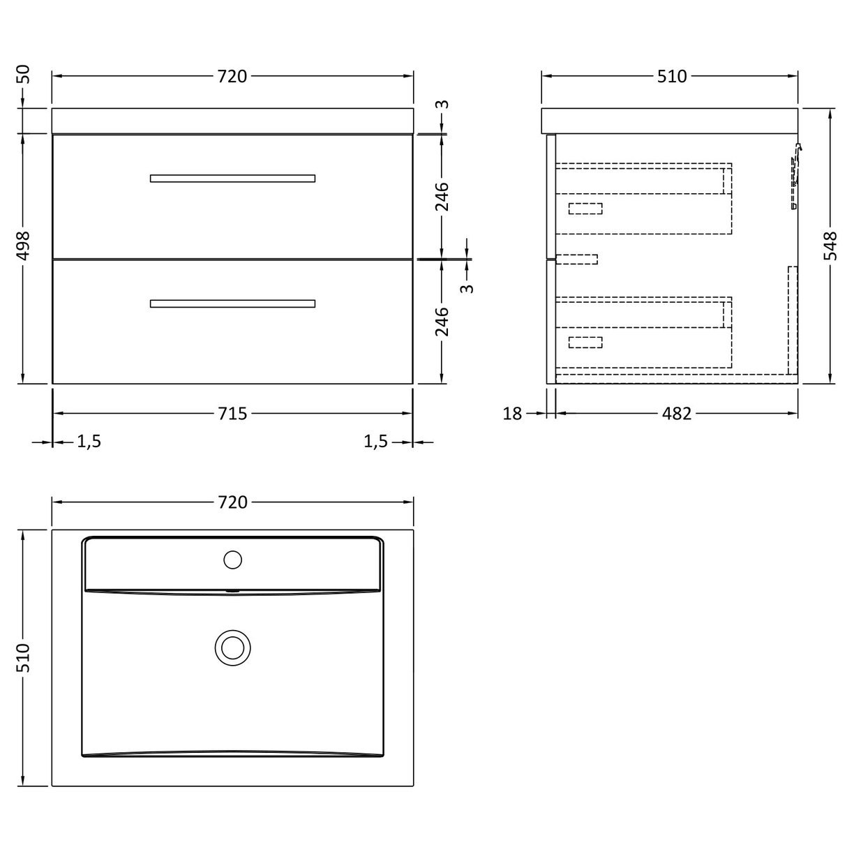 718Mm 2 Drawer Wh Vanity And Basin - Gloss Grey