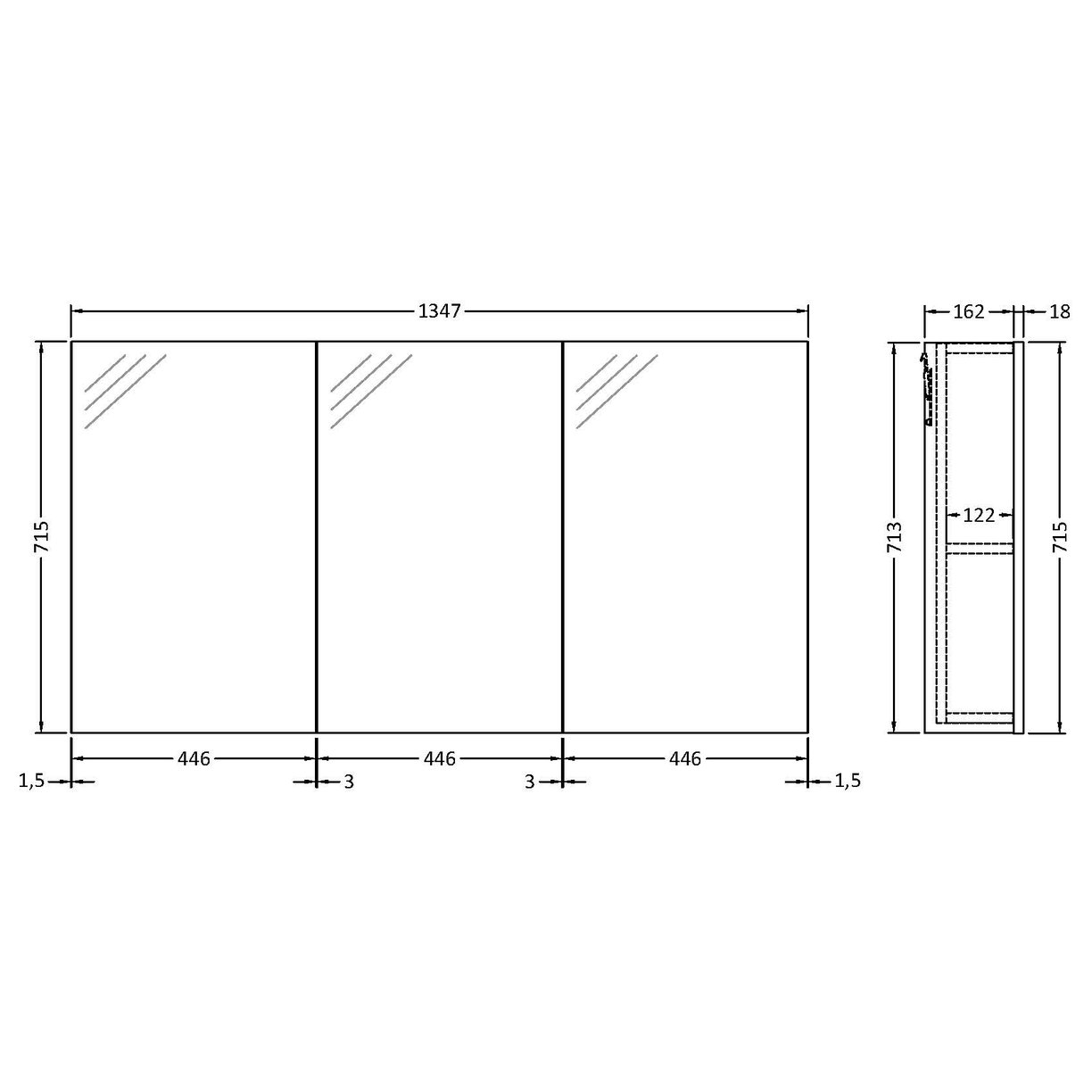 1347Mm 3 Door Mirror Unit - Black Woodgrain