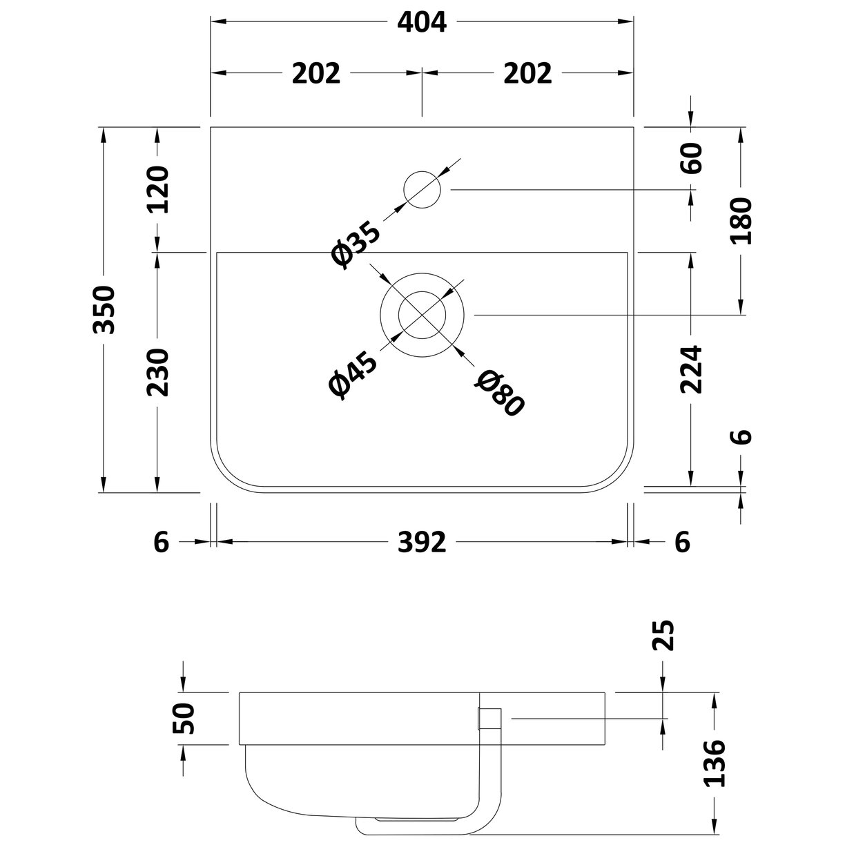 400mm Thin Edge Basin 1TH (Radius Corners) - White