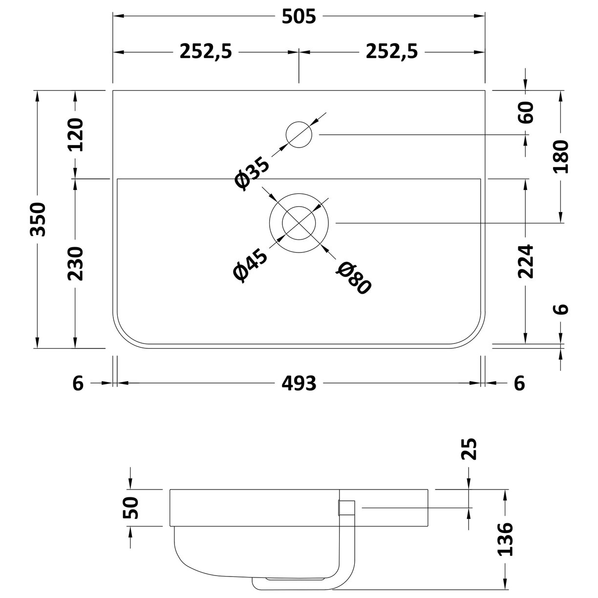 500mm Thin Edge Basin 1TH (Radius Corners) - White