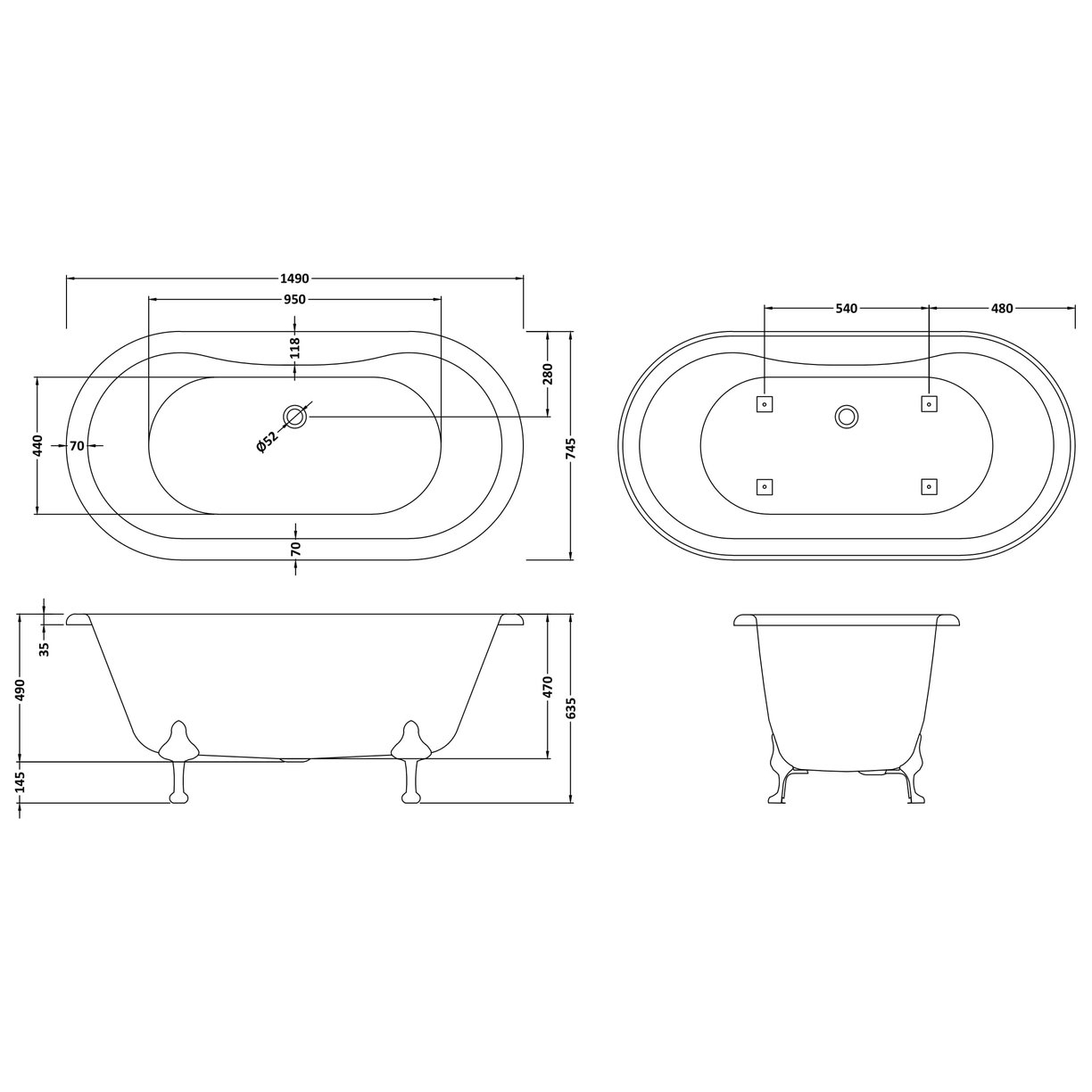 1500 De Freestanding Bath 1490X745X650 - White